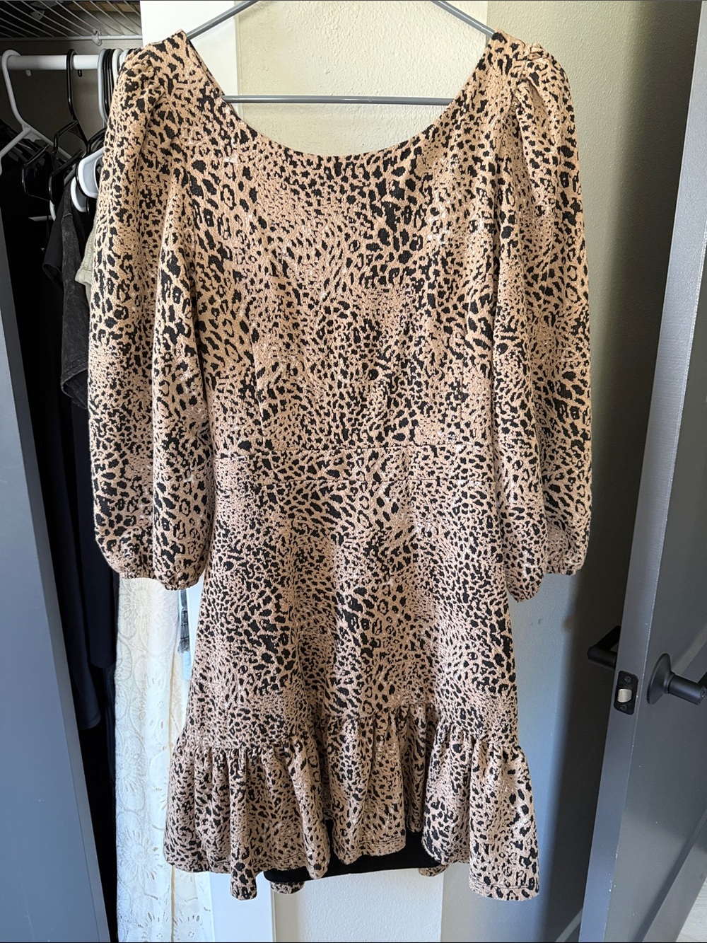 Anthropologie Leopard-Print Puff-Sleeve Mini Dress - Tan & Black